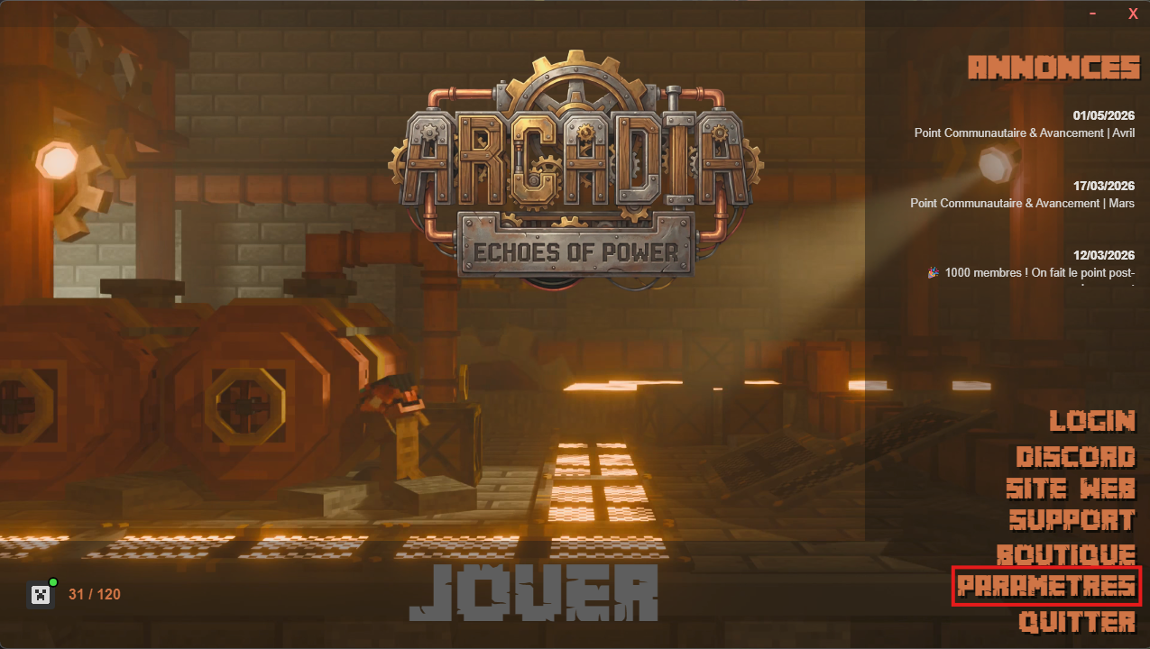 Bouton Paramètres du launcher Arcadia