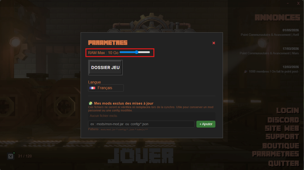 Curseur de RAM dans les paramètres du launcher