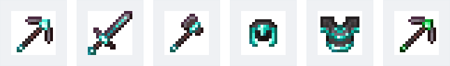 Pioche, épée, hache, casque et plastron en netherite-diamant, et pioche en netherite-émeraude