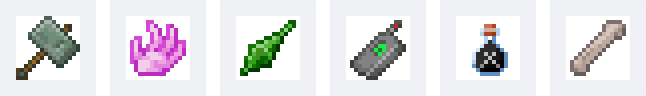 Marteau de Hulk, main d'âme de l'Ender, éclat de creeper, traceur de sbire, potion de Chimique X et membre de squelette mutant