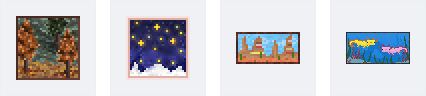 Quatre tableaux de Macaw's Paintings: automne, ciel arctique, badlands et axolotls