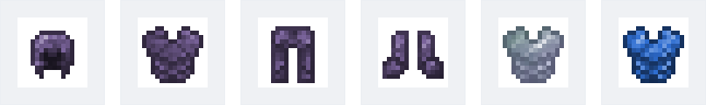 Casque, plastron, jambières et bottes en obsidienne raffinée, plastron en osmium et plastron en lapis-lazuli