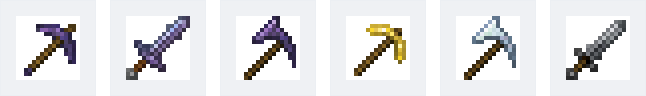 Pioche, épée et paxel en obsidienne raffinée, pioche en pierre lumineuse raffinée, paxel en osmium et épée en acier