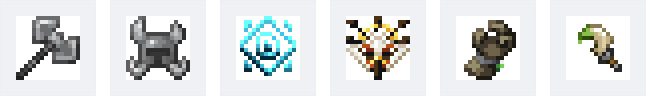 Hache des mille métaux, casque de chevalier forgé, cristal de glace, masque du soleil, gantelet Earthrend et dague en croc de naga