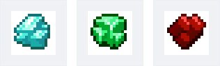Diamant brut, émeraude brute et redstone brute