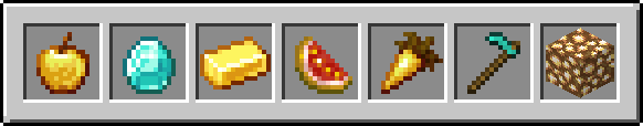 Pomme dorée, diamant, lingot d'or, tranche de pastèque scintillante, carotte dorée, houe en diamant et pierre lumineuse