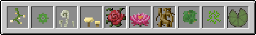 Les dix plantes de la Twilight Forest cultivables en pot: plante de torche des baies, podophyllum, fougère, champignon lumineux, rose d'épines, énorme fleur à nénuphar, brins de racine, mousse, trèfle et énorme nénuphar