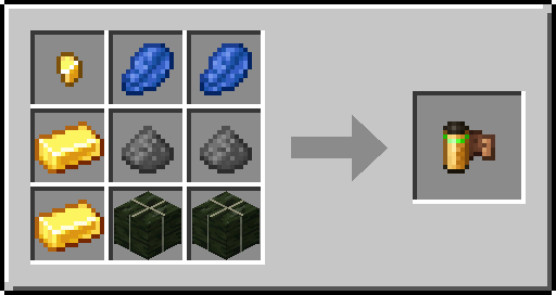 Recette de la pellicule couleur haute capacité: une pépite d'or et deux lapis lazuli en haut, un lingot d'or et deux poudres à canon au milieu, un lingot d'or et deux blocs d'algues séchées en bas