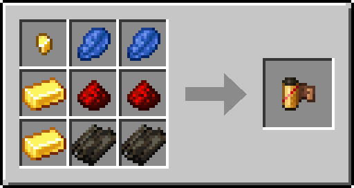 Recette de la pellicule couleur haute résolution: une pépite d'or et deux lapis lazuli en haut, un lingot d'or et deux poudres de redstone au milieu, un lingot d'or et deux algues séchées en bas