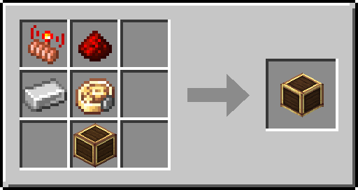 Recette du relais de clavier: un transmetteur, une redstone, un lingot de fer, un mécanisme de précision et un boitier de laiton