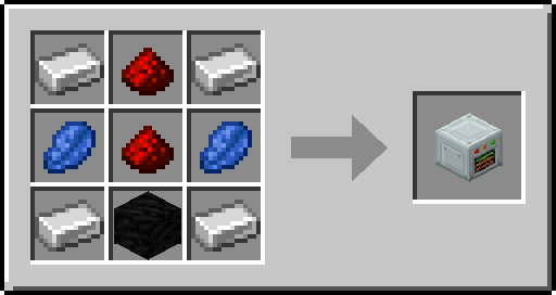 Recette de la station de recharge: lingots de fer dans les coins, poudre de redstone en haut et au centre, lapis-lazuli sur les côtés, bloc de charbon en bas au milieu