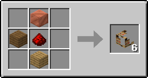 Recette du tunnel de vent: un tuyau à fluide, une dalle de sapin, une redstone et une planche de chêne, pour six tunnels