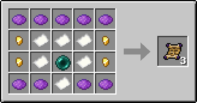 Recette mécanique du parchemin lié: teinture violette en haut et en bas, pépites d'or sur les côtés, papier et perle de l'Ender au centre, trois parchemins obtenus