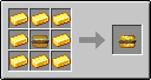 Grille de fabrication: huit lingots d'or autour d'un burger au bœuf, pour un burger au bœuf doré