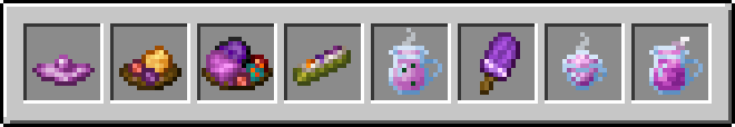 Œuf de dragon sur le plat, shulker grillé, cuisse de dragon à la sauce, riz au bambou de l'Ender, bubble tea, bâtonnet glacé au fruit du chorus, thé à la fleur de chorus et vin de fruit du chorus