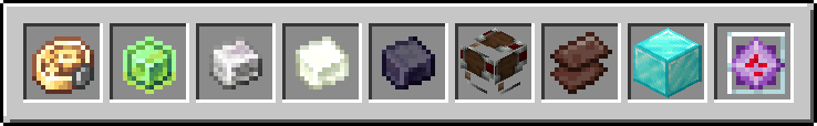 Mécanisme de précision, pépite d'expérience, composé chromatique, radiance raffinée, acier sombre, télécommande, débris de netherite, bloc de diamant et cristal de l'End