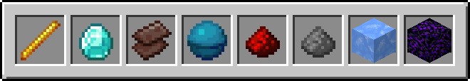 Tige de blaze, diamant, débris de netherite, cœur de la mer, redstone, poudre à canon, glace bleue et obsidienne pleureuse